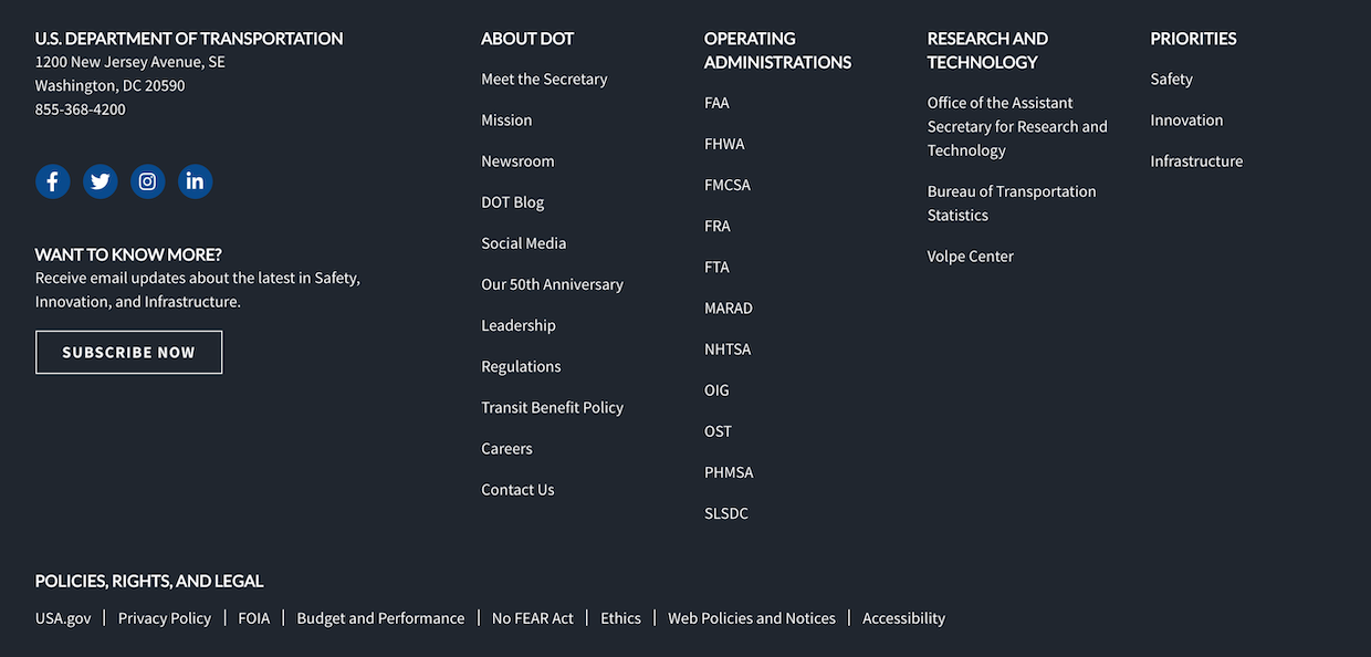 Example the footer on Transportation.gov